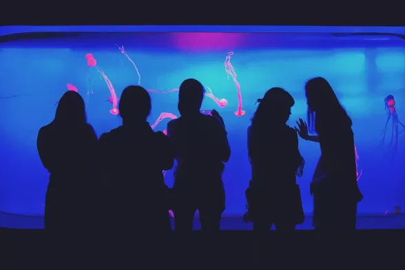 Un groupe de personnes se tient devant un aquarium, profitant d'une expérience immersive avec des poissons colorés.