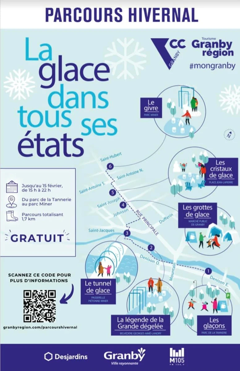 Capture-decran-le-2023-02-01-a-08.33.50 Le Parcours Hivernal de Granby propose une promenade de 1,7 km avec sept stations de glace : Le Givre, Les Cristaux de Glace, Les Grottes de Glace, La Légende de la Grande Dégelée, Les Glacons, Le Tunnel de Glace, et La Tannière au Parc Miner. Gratuit, accessible du 15 janvier au 15 février de 15h à 22h. Scan