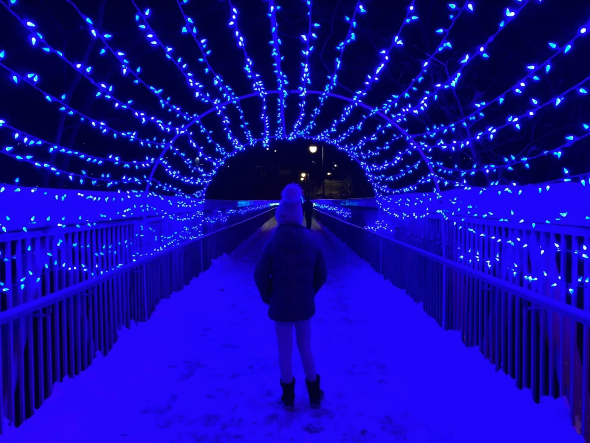 Capture-decran-le-2023-02-01-a-08.34.20-e1744219788259 Un pont recouvert de neige, orné d'une décoration lumineuse bleue, crée une atmosphère festive et magique.